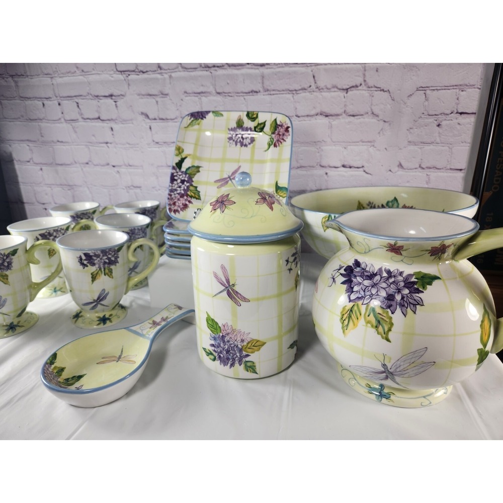 16pc ZRIKE  Hydrangea Dragonfly Dishes Plates, Mugs, Canister, Spoon Rest, Bowl